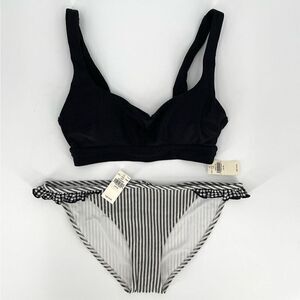 Aerie Ribbed Scoop Top Seersucker Ruffle Bikini Bottom Swimsuit Set XS Black